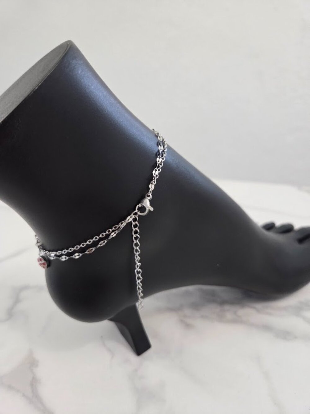 Boho Silver Double Chain Flower Anklet Pink Blue - Picture 9 of 16